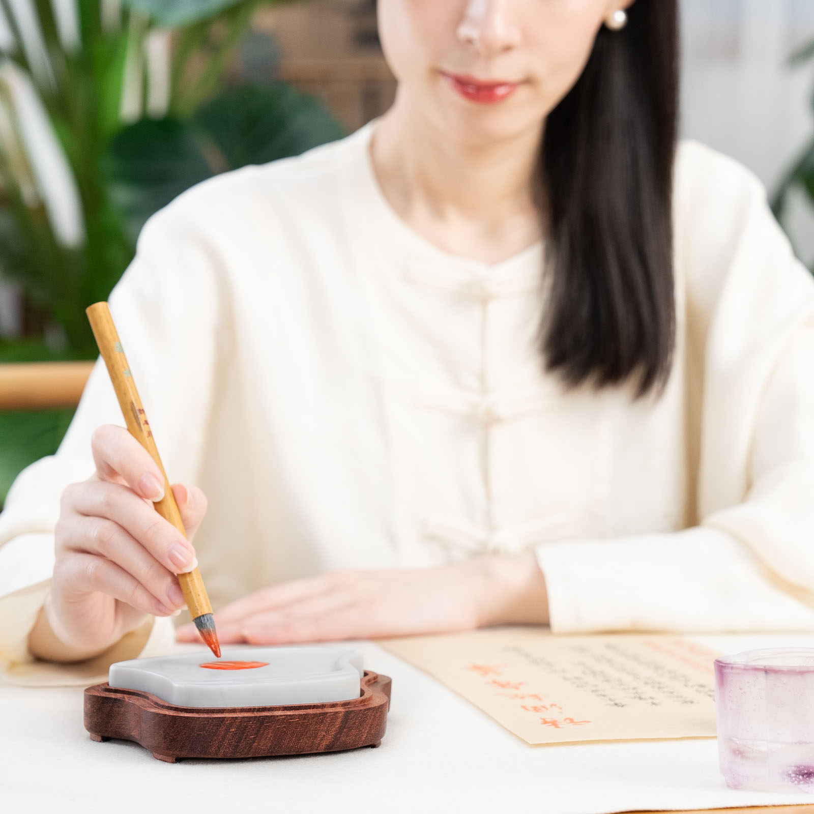 【风雨】高档复刻白端砚台带盖手工原石书画专用磨墨文房