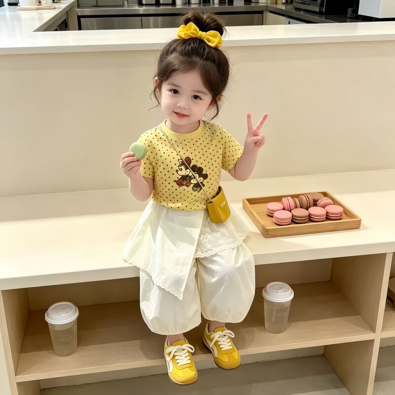 女童夏季2026新款韩版套装甜酷时髦可爱波点卡通上衣裤子两件套潮