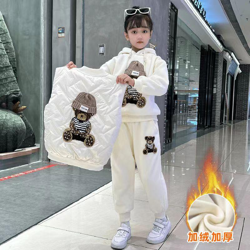 女童秋冬2024冬季新款冬装洋气中大童加厚加绒卫衣洋气时髦三件套