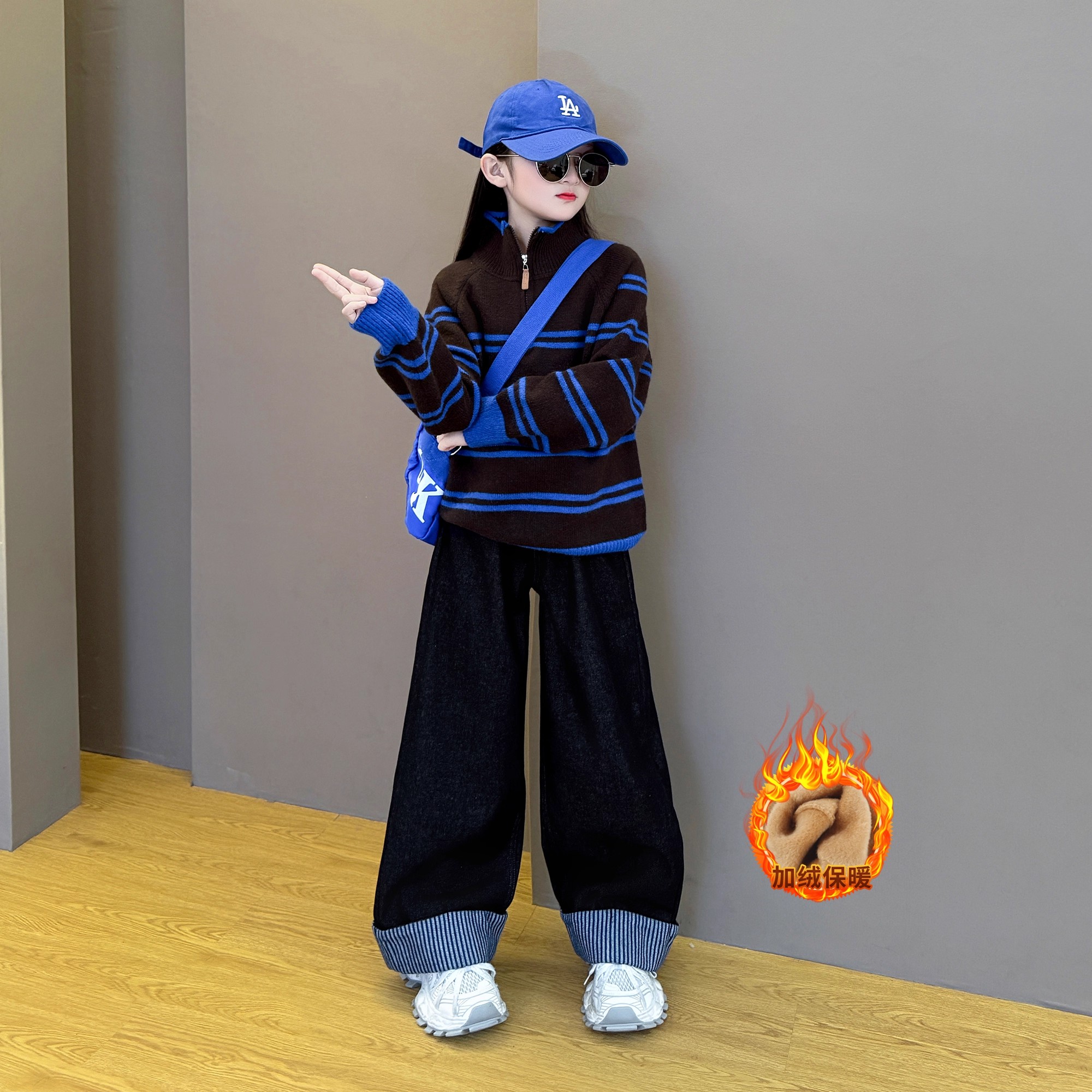 女童秋冬套装毛衣2025新款儿童韩系针织衫上衣牛仔裤加绒两件套