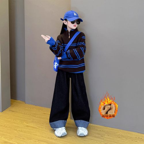 女童秋冬套装毛衣2025新款儿童韩系针织衫上衣牛仔裤加绒两件套