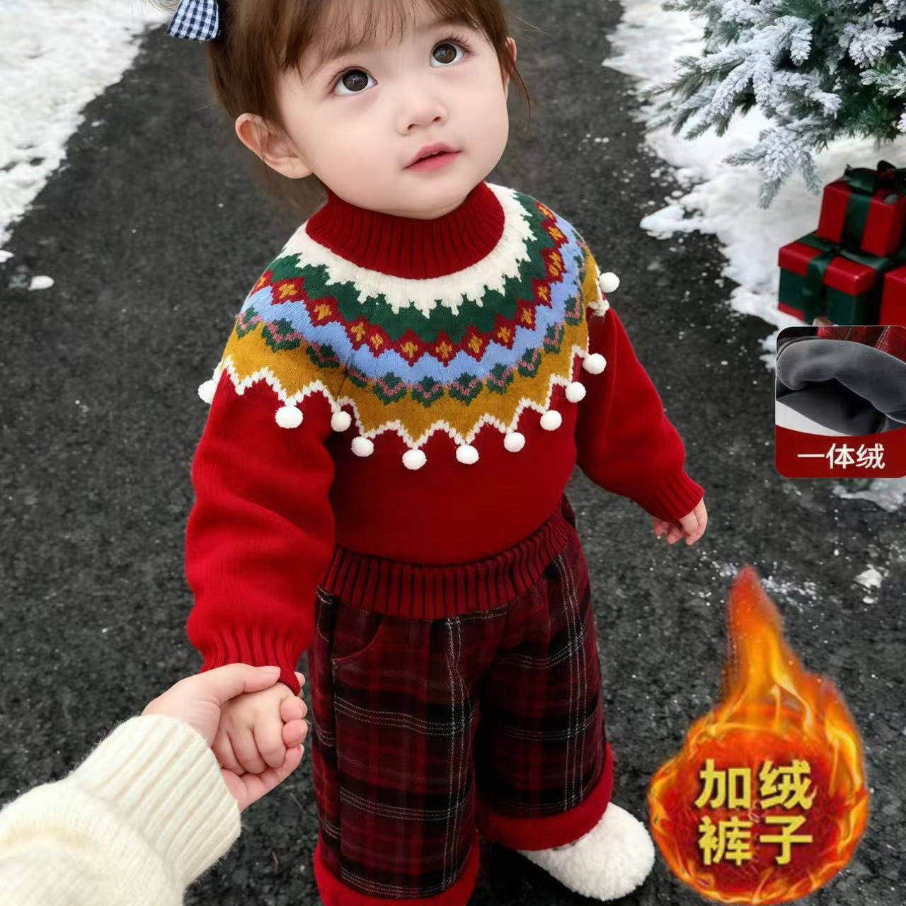 费尔岛女童毛衣宝宝冬季秋冬新款2026儿童红色圣诞过年服
