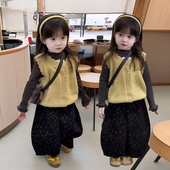 碎花裤 女宝宝春秋季 子 儿童韩版 洋气针织马甲打底衫 套装 2025新款