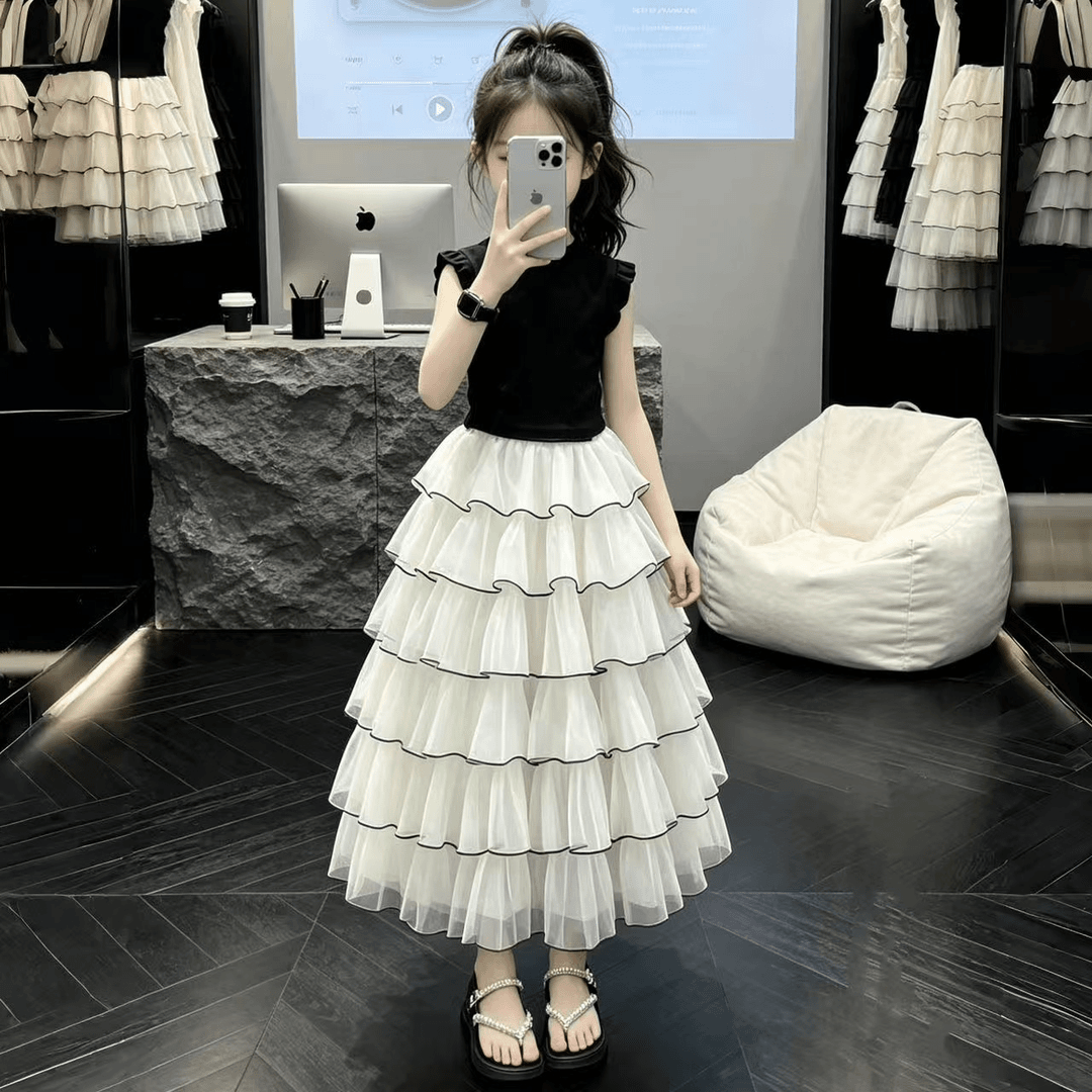 女童夏季新款2026套装韩版甜美无袖上衣蛋糕半身裙洋气可爱两件套