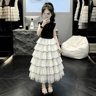 女童夏季新款2026套装韩版甜美无袖上衣蛋糕半身裙洋气可爱两件套