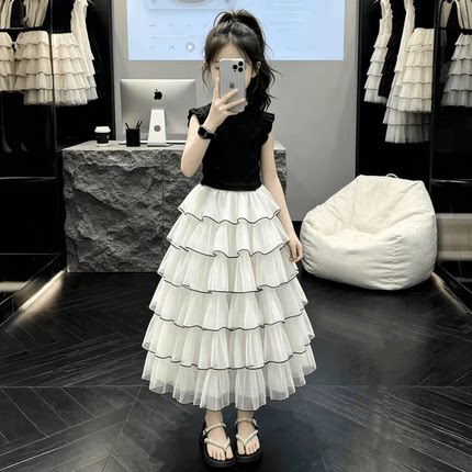 女童夏季新款2026套装韩版甜美无袖上衣蛋糕半身裙洋气可爱两件套