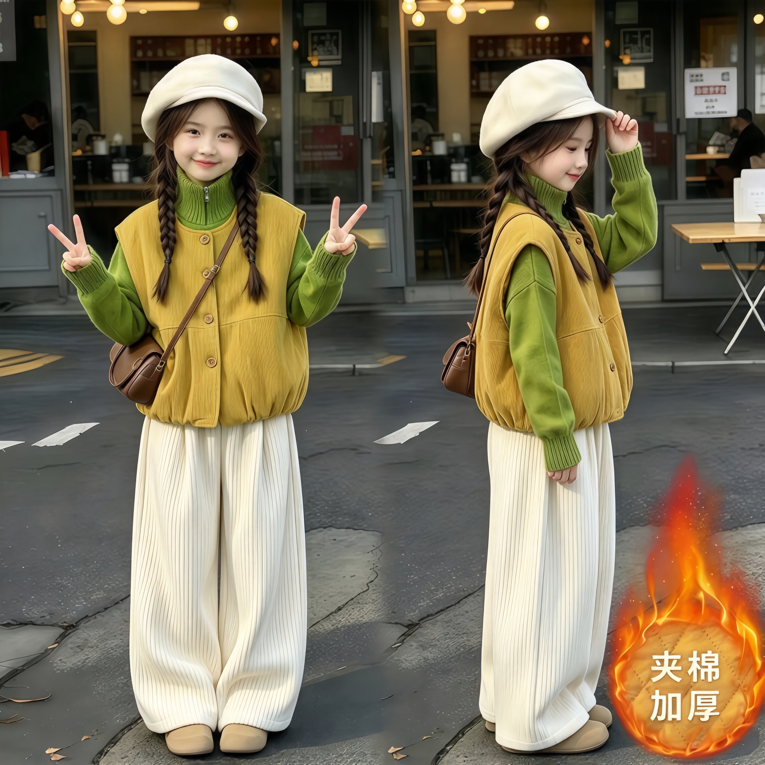 女童套装秋冬2026新款儿童洋气女孩冬季夹棉马甲毛衣裤子三件套潮