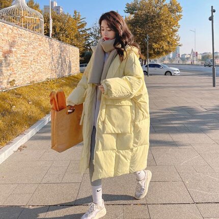 奶黄色羽绒棉服女中长款2025冬季新款韩版宽松棉衣加厚保暖外套潮