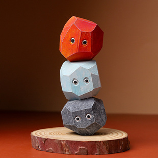 创意几何体桌面摆件日式 木雕石头精灵治愈系摆件送男朋友特色礼物
