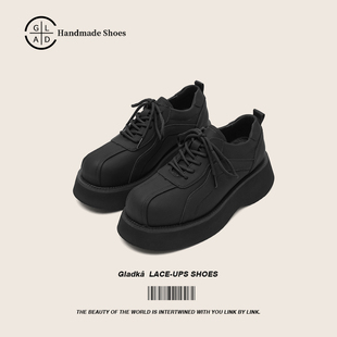Gladka工装鞋男款厚底增高休闲皮鞋黑色复古通勤德比鞋哑光大头鞋