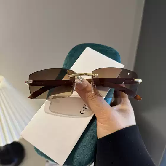 Frameless Gradient Brown Eyes Women's Square Cut Lens Sunglasses Wood Grain Legs Retro Literary Sunglasses Men's Trendy
