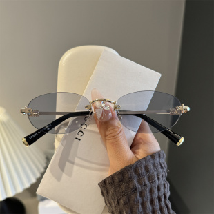 张元英同款眼镜女无框金属金丝边椭圆形小框御姐风韩式太阳眼镜男