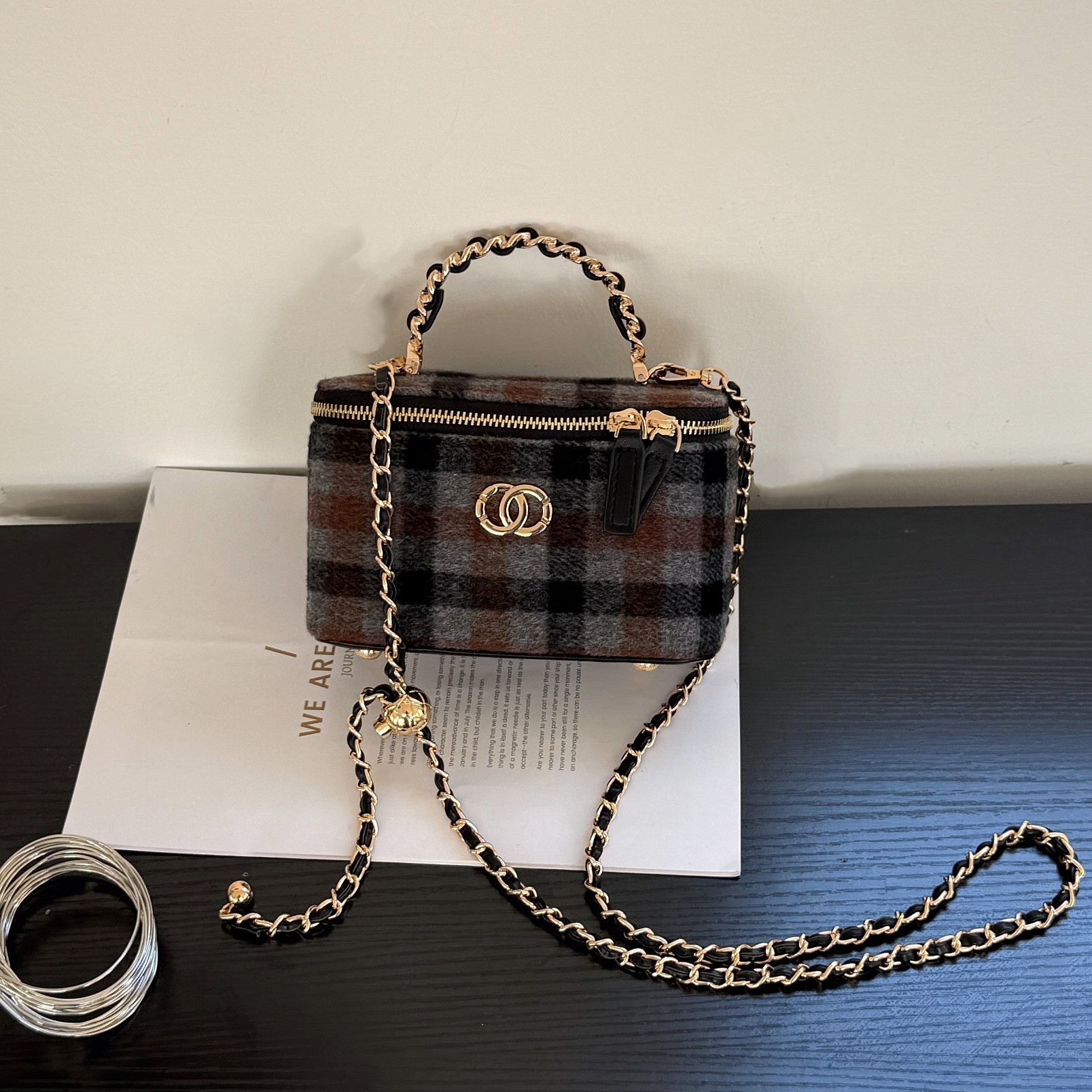 小香风包包女2026新款日韩时髦格纹链条盒子包单肩斜挎手提化妆包