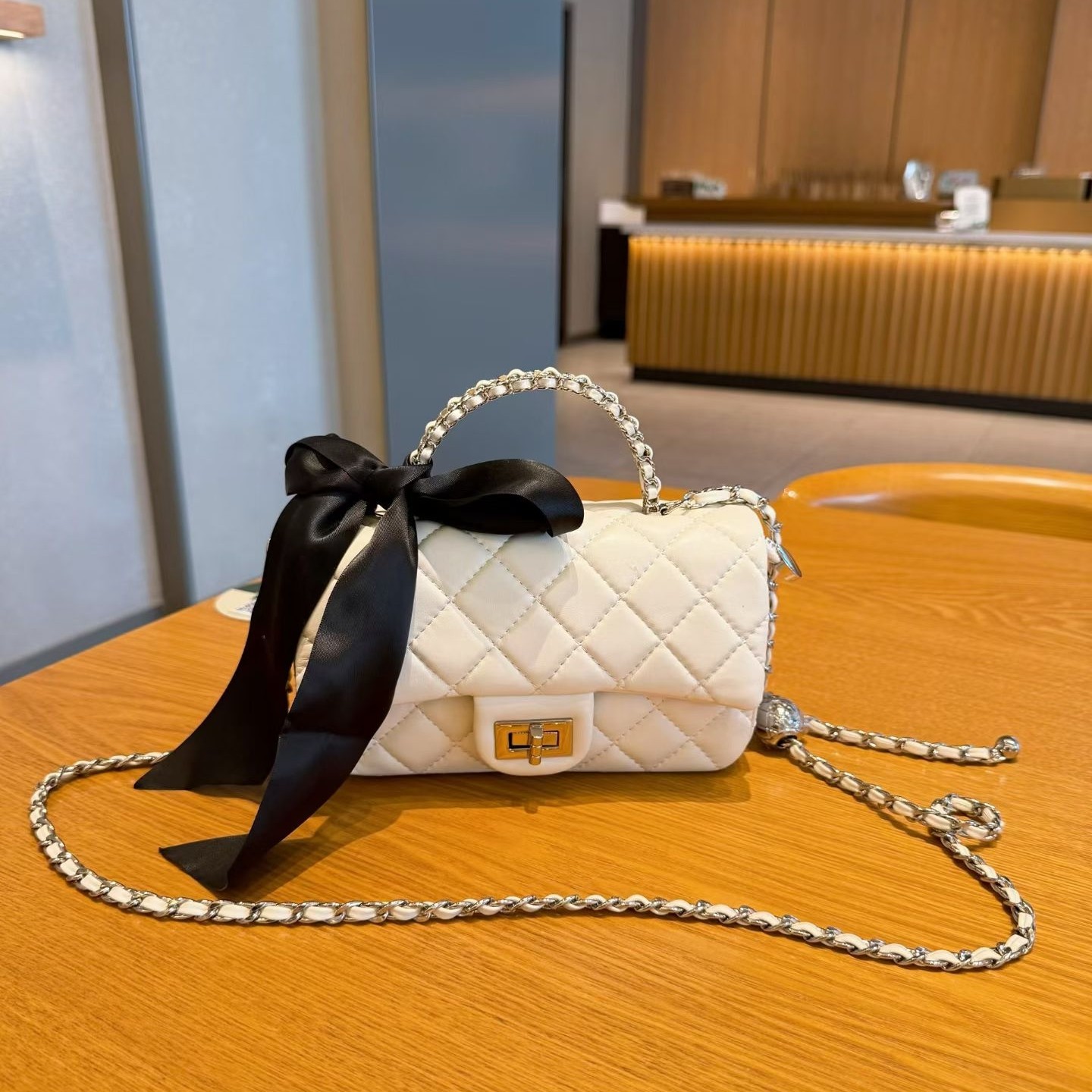 小香风方胖子金球菱格链条包女金属圆环手拎包包mini单肩斜挎包潮