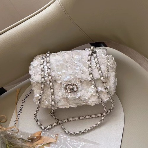 2026小香风重工刺绣亮片小方包网红珠片仙女包包单肩斜挎链条包潮