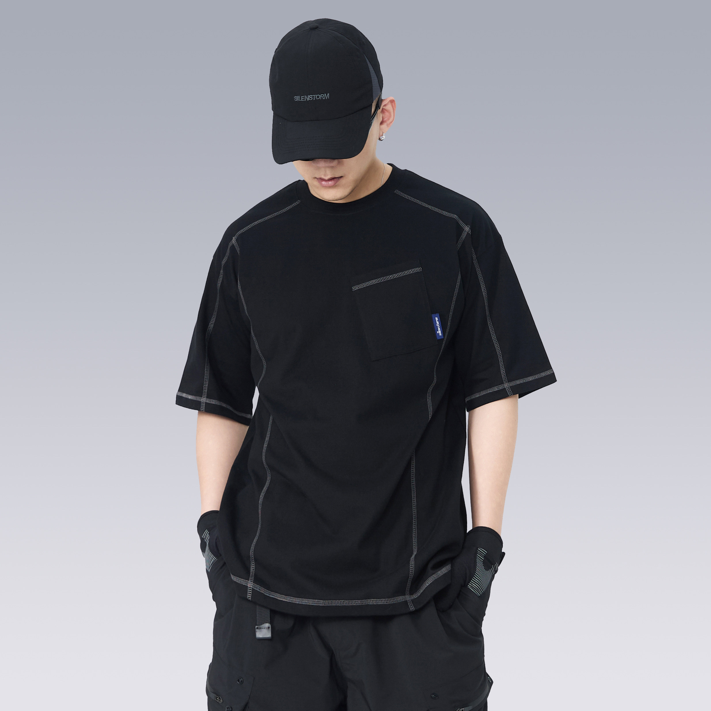 SILENSTORM口袋明线上衣拼接宽松半袖简约短袖运动休闲通勤t恤男