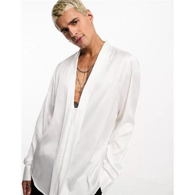 英国贵气优雅质感白色胸前系带光泽缎面丝滑长袖衬衫