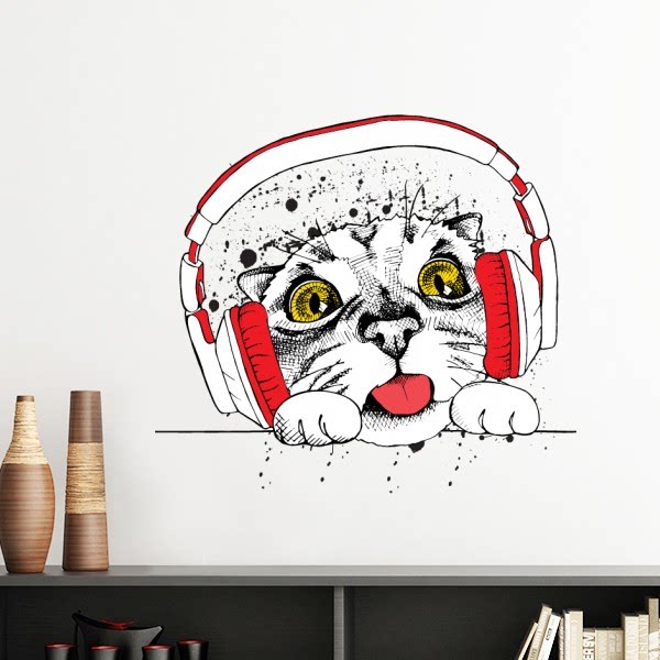 红色耳机白猫保护动物爱宠人士墙贴壁纸房间贴花