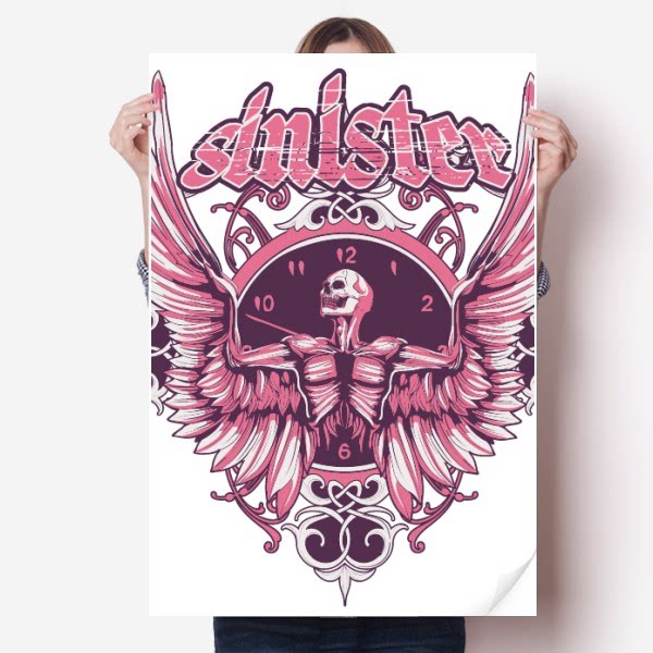 涂鸦街头粉骷髅翅膀钟表海报贴纸80x55cm墙贴纸卧室家居装饰
