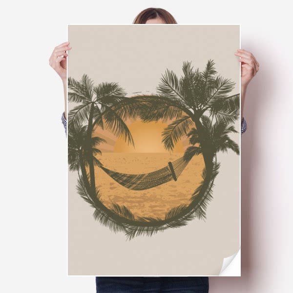 椰子树云朵吊床沙滩海报贴纸80x55cm墙贴纸卧室家居装饰