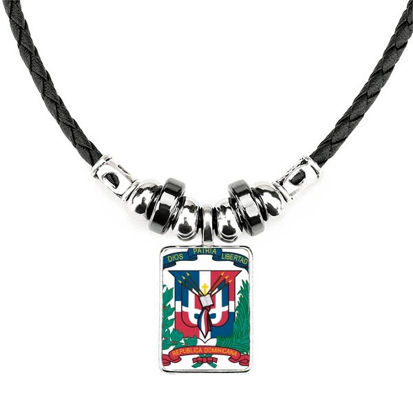多米尼加国徽标志符号图案手工皮绳项链吊坠饰品