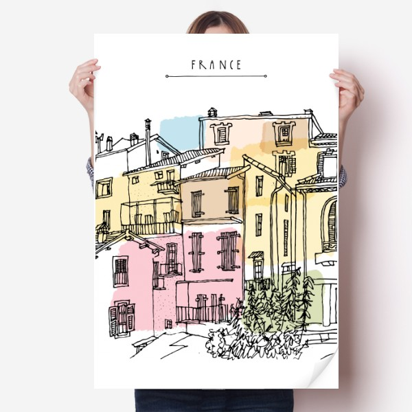 城市建筑法国手绘插画海报贴纸80x55cm墙贴纸卧室家居装饰