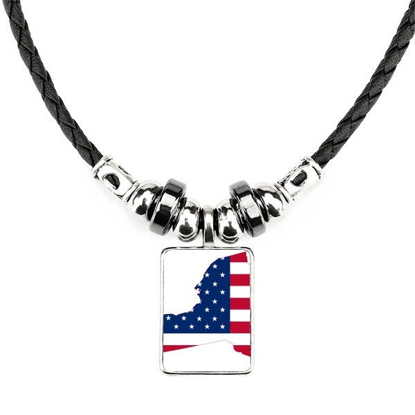 纽约州美国地图星条旗美国国旗手工皮绳项链吊坠饰品