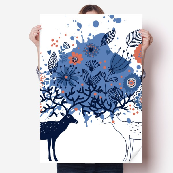 麋鹿植物树叶插画图案海报贴纸80x55cm墙贴纸卧室家居装饰图片