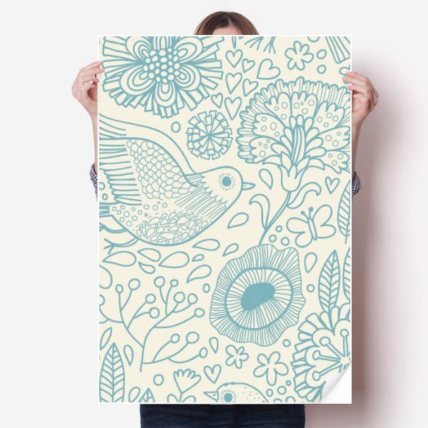 叶子鸟植物手绘花卉画海报贴纸80x55cm墙贴纸卧室家居装饰