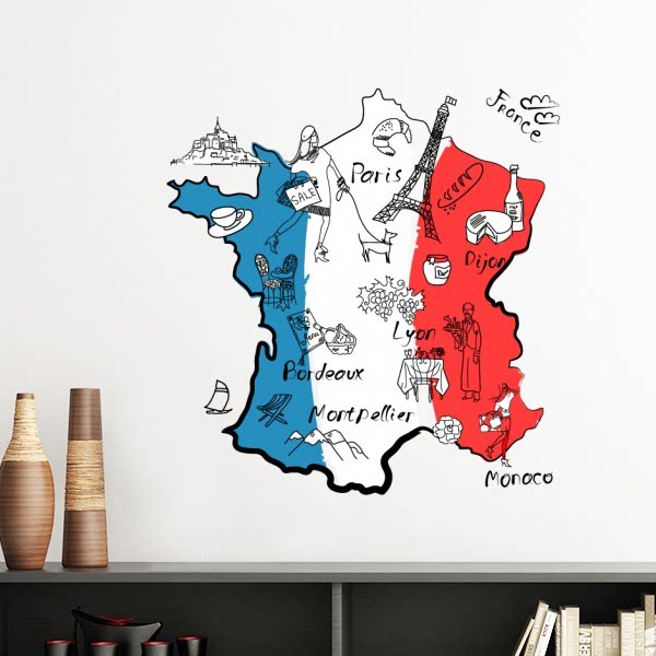 手绘城市法国地图插画墙贴壁纸房间贴花