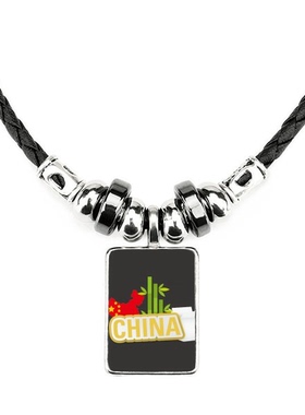 中国地图竹子黄色唐人街图案手工皮绳项链吊坠饰品