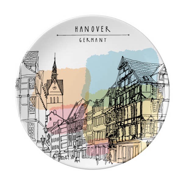手绘水彩城市德国汉诺威建筑陶瓷餐盘子8寸月光盘餐具家居礼物