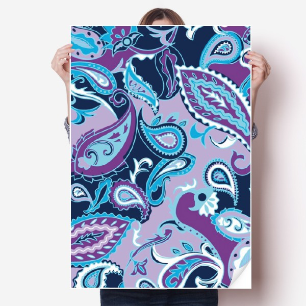 蓝色花叶点线抽象花纹海报贴纸80x55cm墙贴纸卧室家居装饰