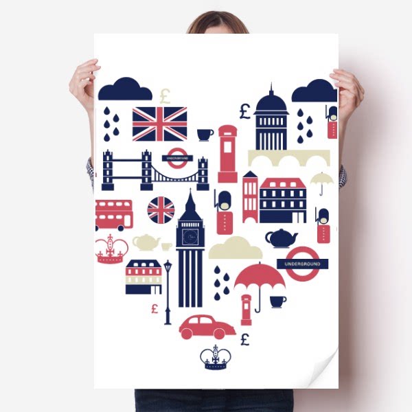 爱心英国地标国旗插画海报贴纸80x55cm墙贴纸卧室家居装饰