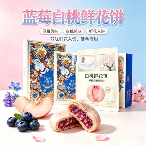 潘祥记蓝莓白桃玫瑰鲜花饼300g(50g*6)云南特产旅游茶点休闲食品