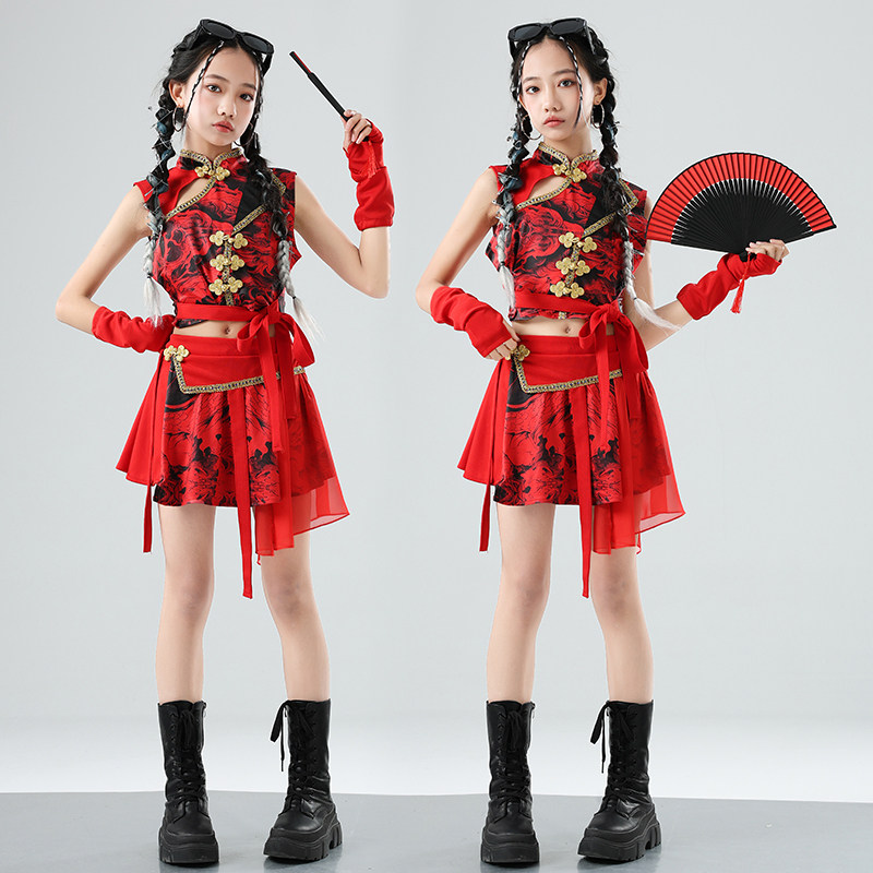 儿童中国风爵士舞演出服红色国潮套装女童古典舞蹈服喜庆走秀表演