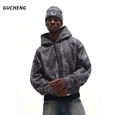 古丞GUCHENG 美式复古豹纹连帽夹克男士宽松潮牌拉链长袖外套
