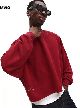 古丞GUCHENG 红色长袖圆领卫衣男宽松套头简约风休闲风简约上衣