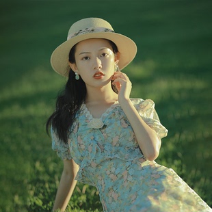 可调节夏季女士草编圆顶法式礼帽宽檐遮阳帽优雅防晒帽英伦钟形帽