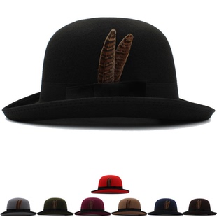 稍大头围春秋冬季男女椭圆顶波乐帽毛呢骑术帽羽毛装饰复古礼帽