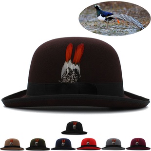 稍大头围春秋冬季男女椭圆顶波乐帽毛呢骑术帽羽毛装饰复古礼帽