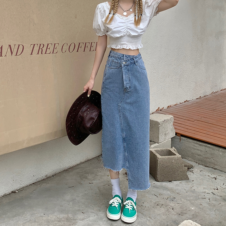 Real price net red high waist denim slit skirt