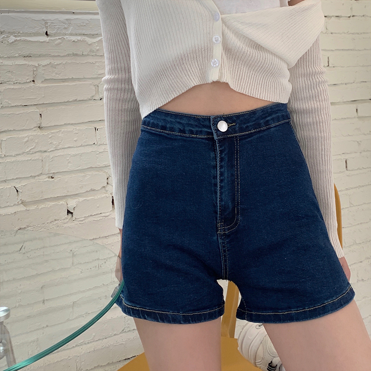 Real shot real price elastic high waist straight tube edge denim shorts girl