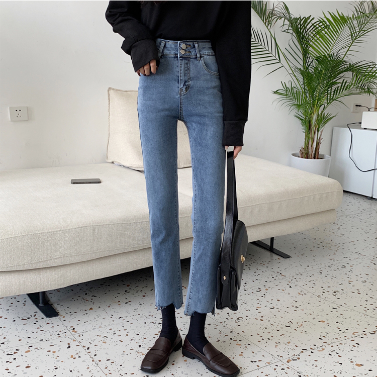 Real price elastic high waist slim pipe jeans women's nine point straight loose wide leg pants