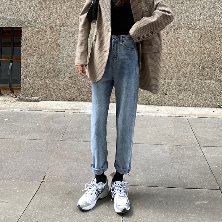 Real shot real price stitching loose thin straight pants student pants versatile basic jeans women