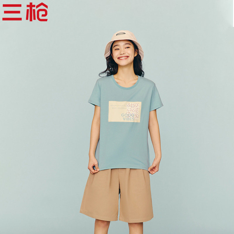 专柜同款三枪T恤夏季新疆棉质柔软青春修身弹力印花女士短袖上衣