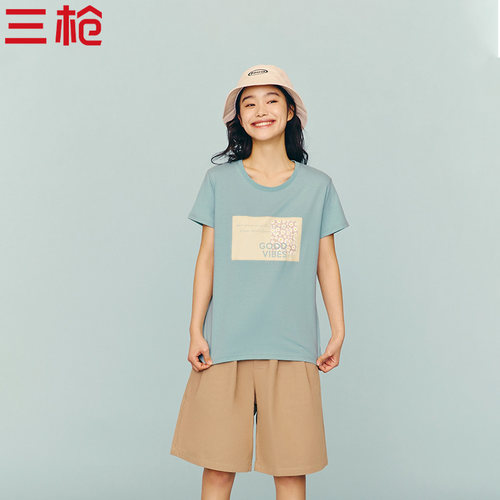 三枪新疆纯棉青春印花薄短袖