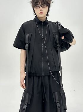 机能风黑武士美式街头潮牌织带短袖短裤套装男