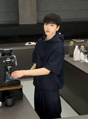 蓝色棉麻连帽牛仔套装男生夏季穿搭一整套高级感美式短袖裤子套装