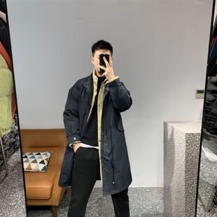 秋冬季新款日系复古假两件内胆式立领中长款棉服男士百搭大衣外套